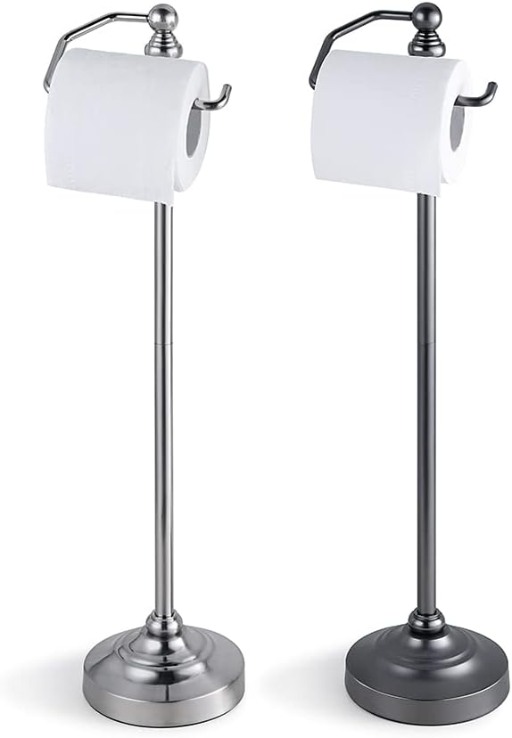 SunnyPoint Deluxe Free Standing Heavy Weighted Toilet Tissue Paper Roll Holder Stand (Brushed Nickel)