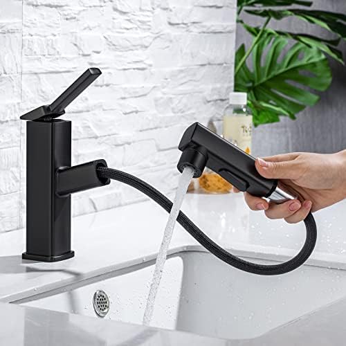 HANLIAN Single Hole Pull Out Faucet for Bathroom Sink, Black Sink Faucet Bathroom, One Handle Modern Restroom Tap with Pull Down Sprayer, 3 Modes Washroom Pull Out Tap with Rotating Spout