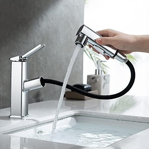HANLIAN Single Hole Pull Out Faucet for Bathroom Sink, Black Sink Faucet Bathroom, One Handle Modern Restroom Tap with Pull Down Sprayer, 3 Modes Washroom Pull Out Tap with Rotating Spout