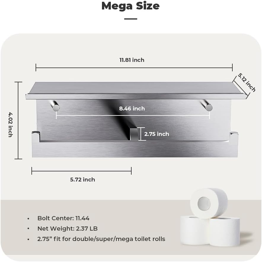Double Toilet Paper Holder with Shelf, FreshGlow Large Tissue Holder Brushed Nickel, Wall Mount Commercial Toilet Paper Dispenser Phone Shelf Stainless Steel, Tissue Roll for Bathroom