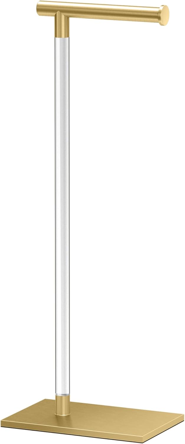 Gatco 1431SN, Modern Rectangle Base Freestanding Toilet Paper Holder, 22.25”, Satin Nickel/Free Standing Toilet Tissue Holder Stand with Weighted Base