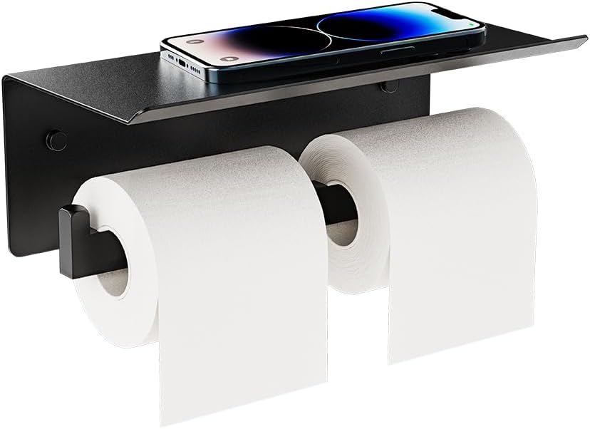 Double Toilet Paper Holder with Shelf, FreshGlow Large Tissue Holder Brushed Nickel, Wall Mount Commercial Toilet Paper Dispenser Phone Shelf Stainless Steel, Tissue Roll for Bathroom