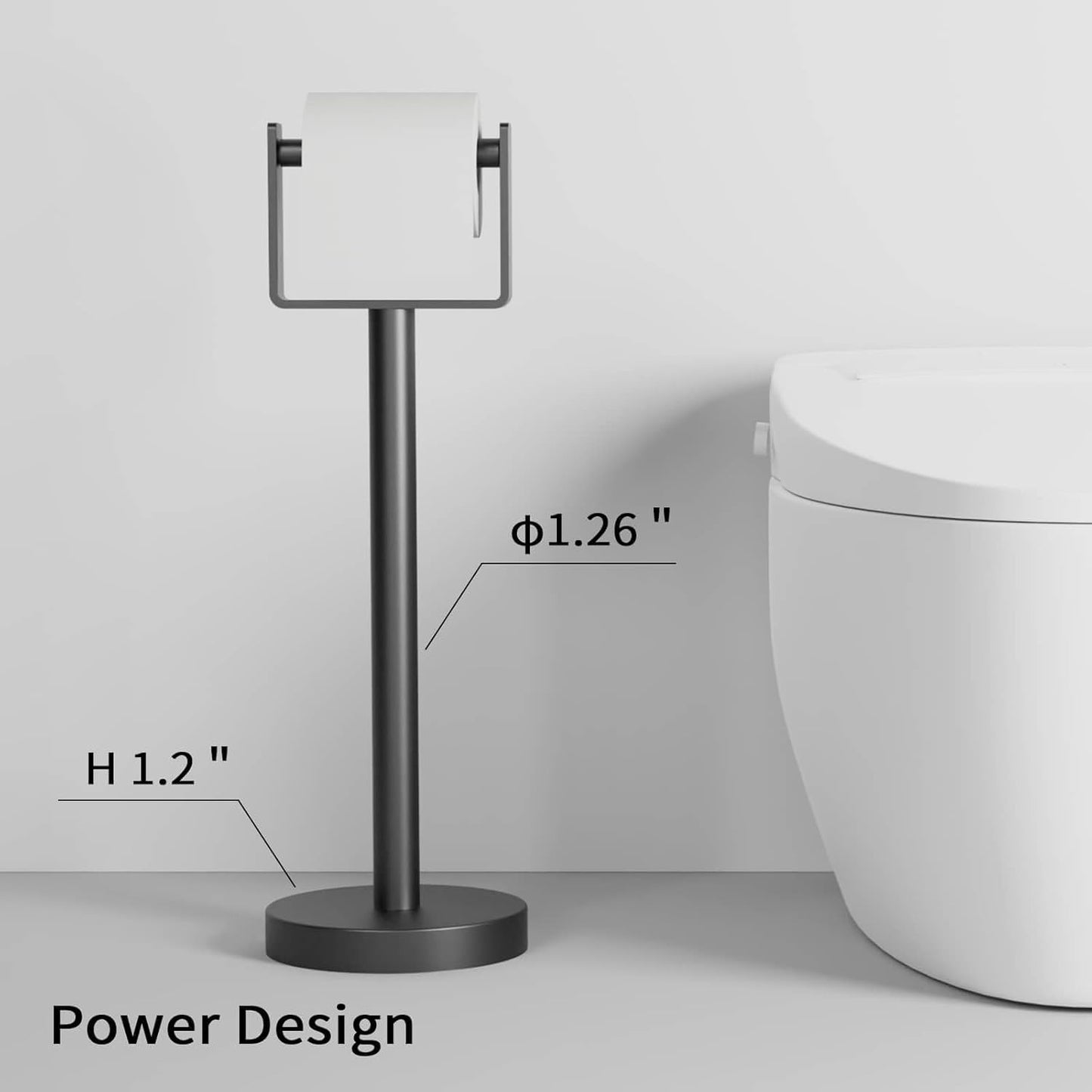 YUMORE Toilet Paper Holder Free Standing, Stainless Steel Toilet Paper Stand, Weighted Base Floor Tissue Roll Holder for Bathroom, Matte Black 200UP