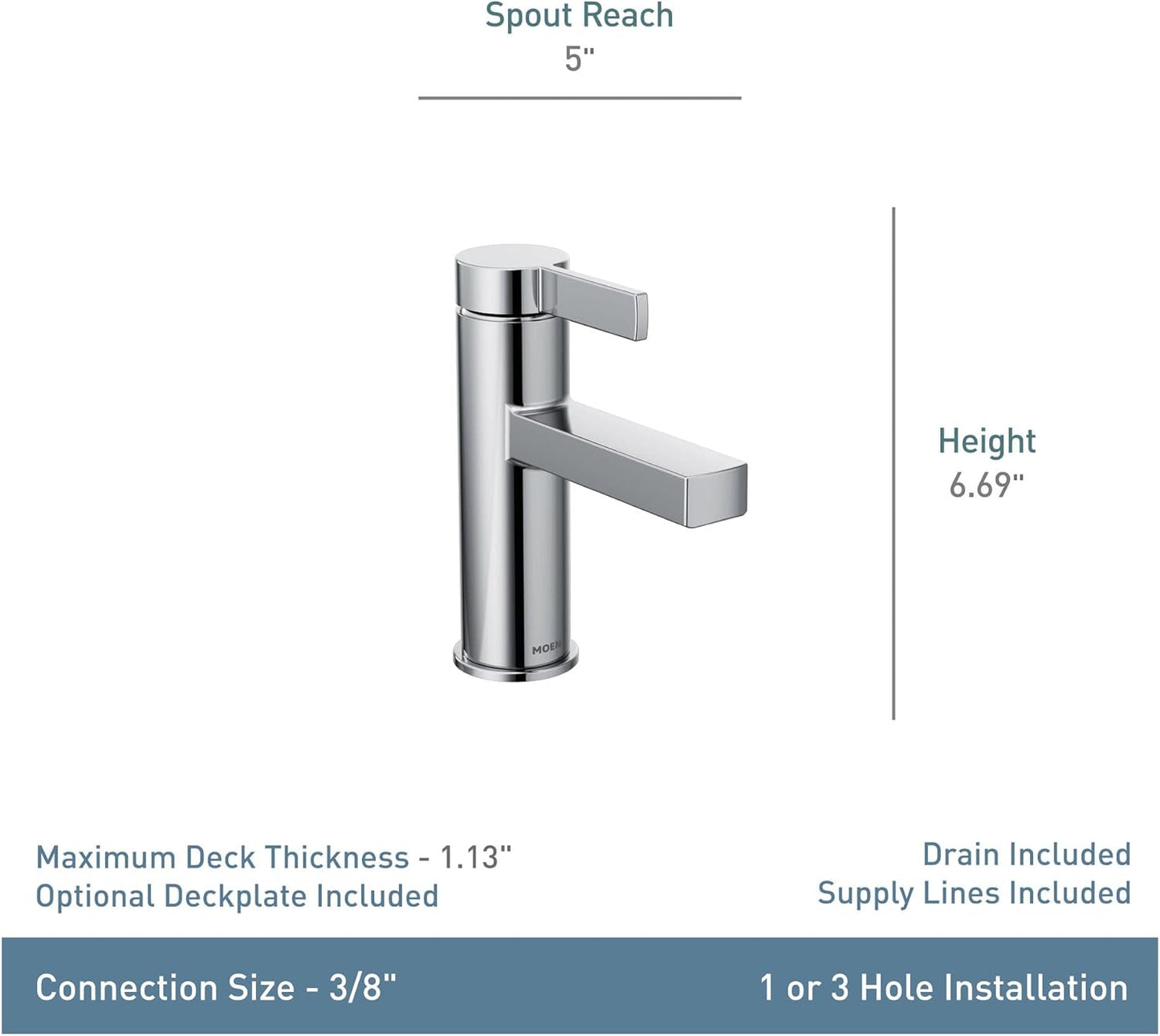 Moen Beric Chrome Modern One-Handle Single Hole Bathroom Faucet with Drain Assembly and Optional Deckplate for your Bath Sink, 84774