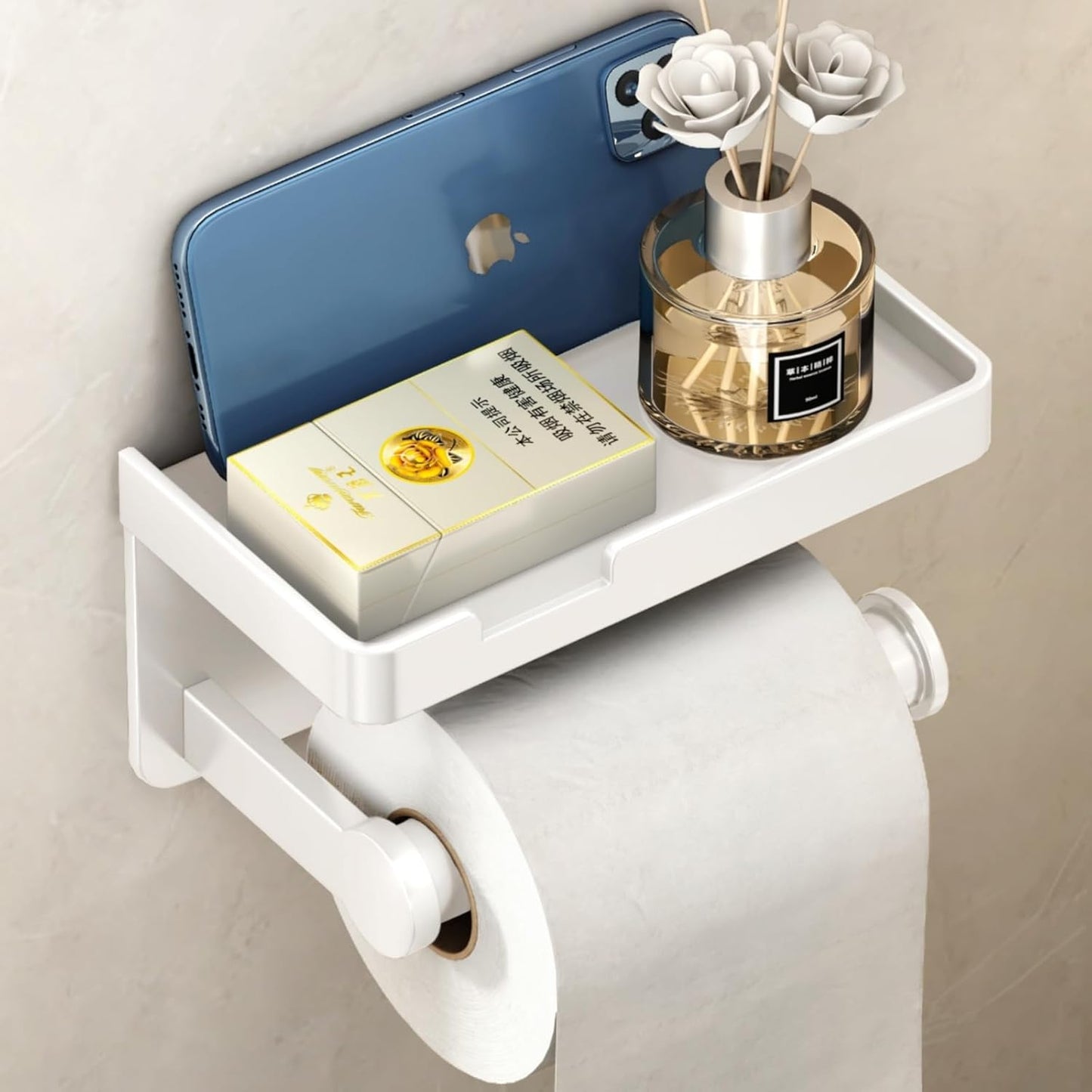VOLDRA Toilet Paper Holder with Shelf Black Wipes Dispenser for Bathroom Stainless Steel Toilet Paper Holder with Storage Drawer Adhesive Wall Mount Small Bathroom Shelf