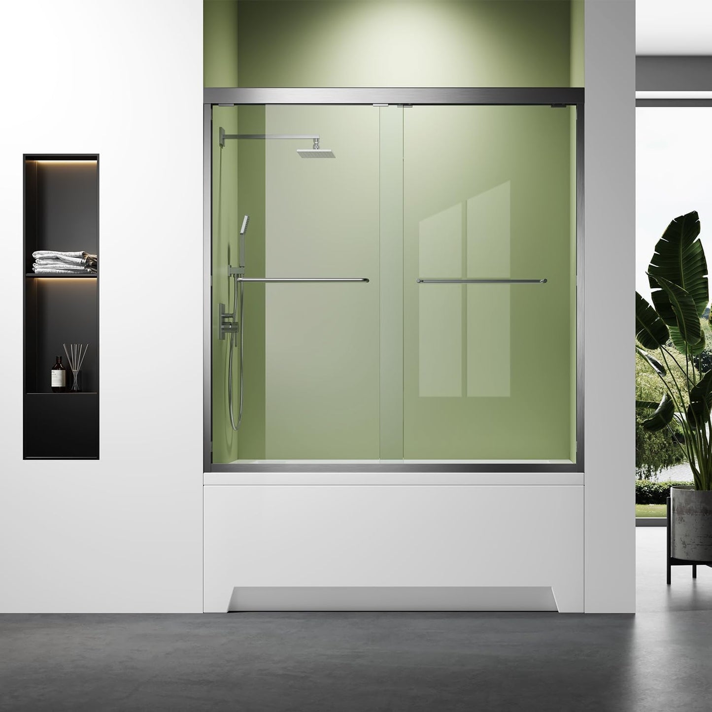 Bathtub Shower Door,56-60 inch W x 57 inch H Bypass Double Sliding Bath Tub Glass Shower Door,Semi-Frameless SGCC/ANSI Certified 1/4 inch Clear Tempered Glass,Matte Black Stainless Steel Handles