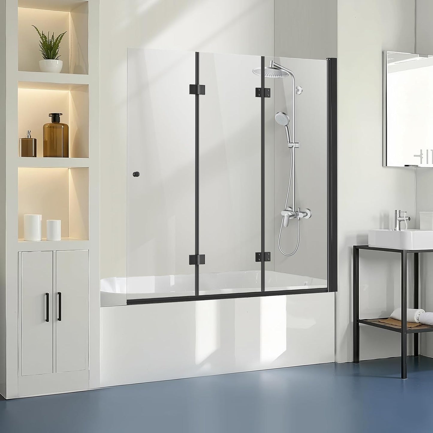 VEVOR Bathtub Shower Door, 50-60" W x 60" H, Semi-Frameless Double Sliding Tub Door, Semi-Frameless Bypass Tub Door with 1/4 in Shatterproof Tempered Glass and Stainless Steel Handle, Black