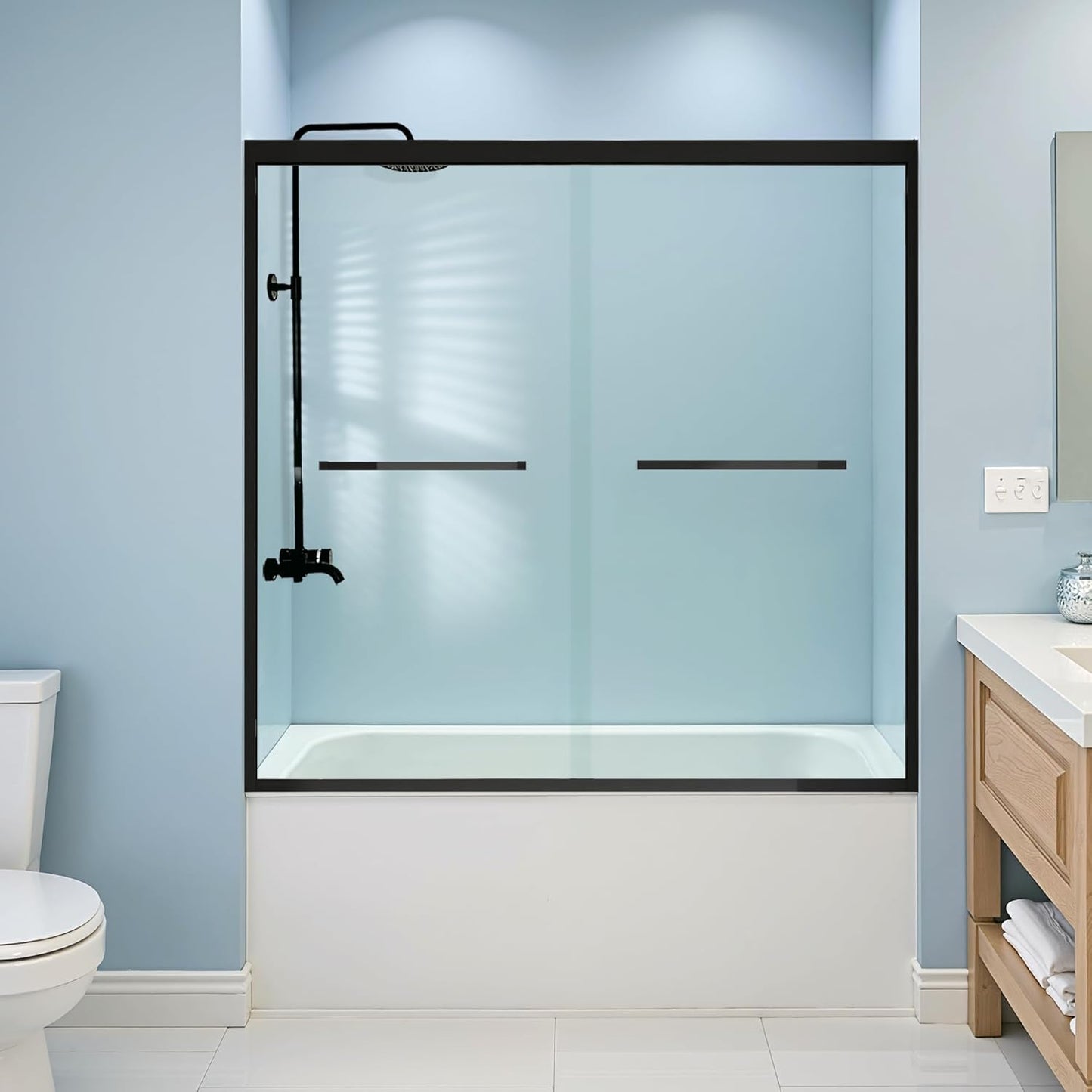 60''W×58''H Glass Tub Door Double Sliding Bathtub Door, 1/4''(6mm) Tempered Glass, Adjustable Width, Easy to Install & Clean, Matte Black