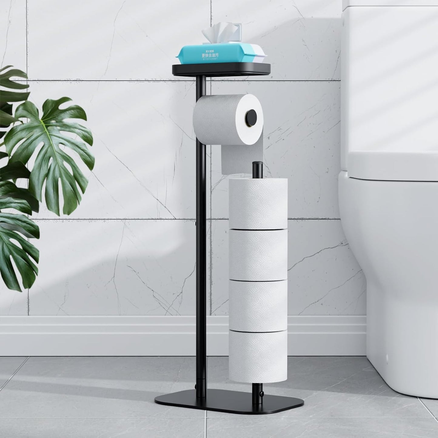 Kitsure Toilet Paper Holder Free Standing – Rustproof Metal Toilet Paper Stand for 4 Rolls with Anti-Slip Base and Shelf for Phone & Small Items, Bathroom Organizers and Storage, Large, Silver