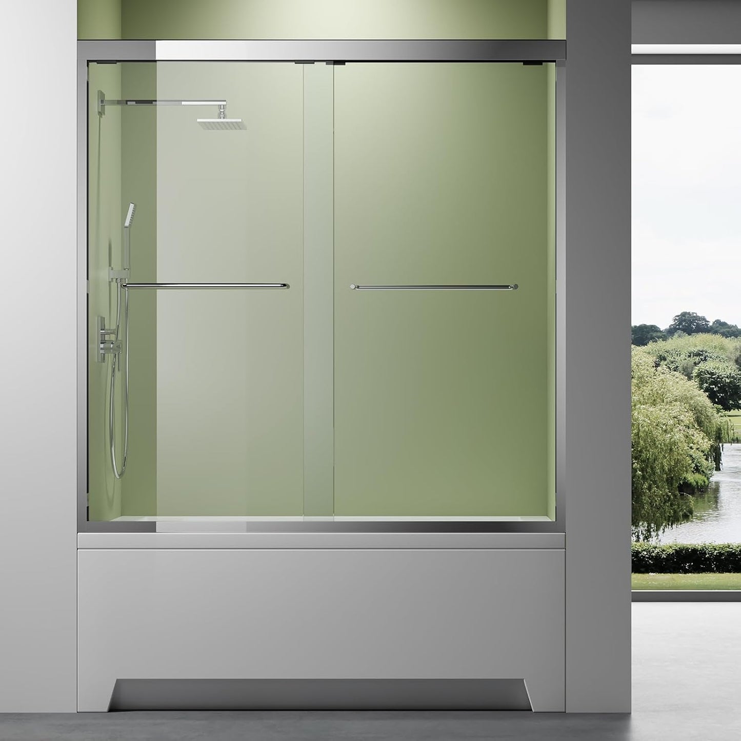 Bathtub Shower Door,56-60 inch W x 57 inch H Bypass Double Sliding Bath Tub Glass Shower Door,Semi-Frameless SGCC/ANSI Certified 1/4 inch Clear Tempered Glass,Matte Black Stainless Steel Handles