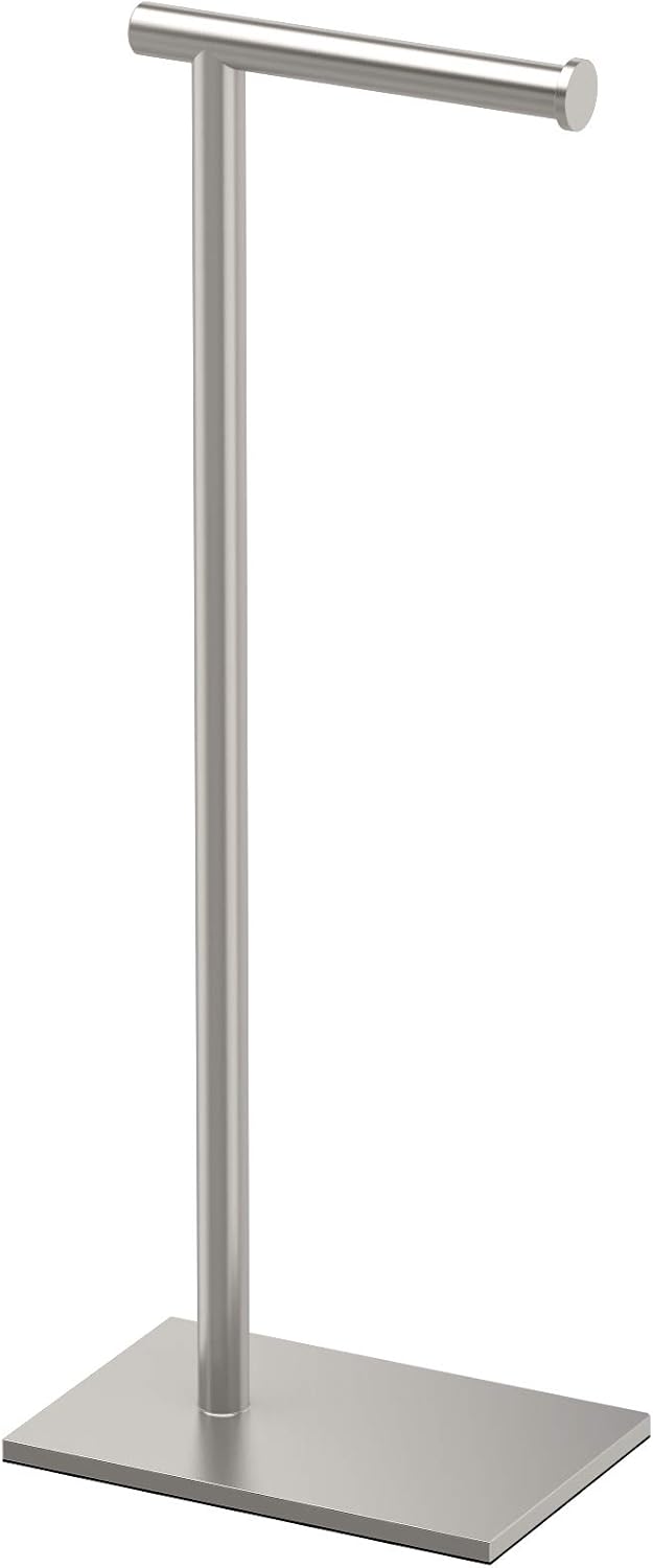 Gatco 1431SN, Modern Rectangle Base Freestanding Toilet Paper Holder, 22.25”, Satin Nickel/Free Standing Toilet Tissue Holder Stand with Weighted Base