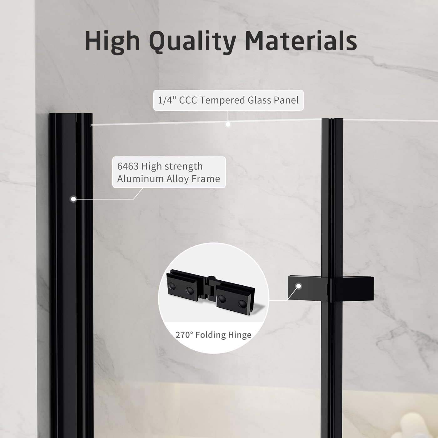 Foldable Tub Shower Door, 47" W x 55" H Frameless Hinged Shower Screen for Bathtub, 1/5" Tempered Glass Door for Shower, 180° Pivot Swing Tri-fold Glass Panel for Bathtub, Matte Black