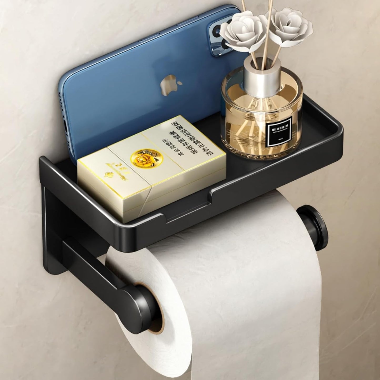 VOLDRA Toilet Paper Holder with Shelf Black Wipes Dispenser for Bathroom Stainless Steel Toilet Paper Holder with Storage Drawer Adhesive Wall Mount Small Bathroom Shelf