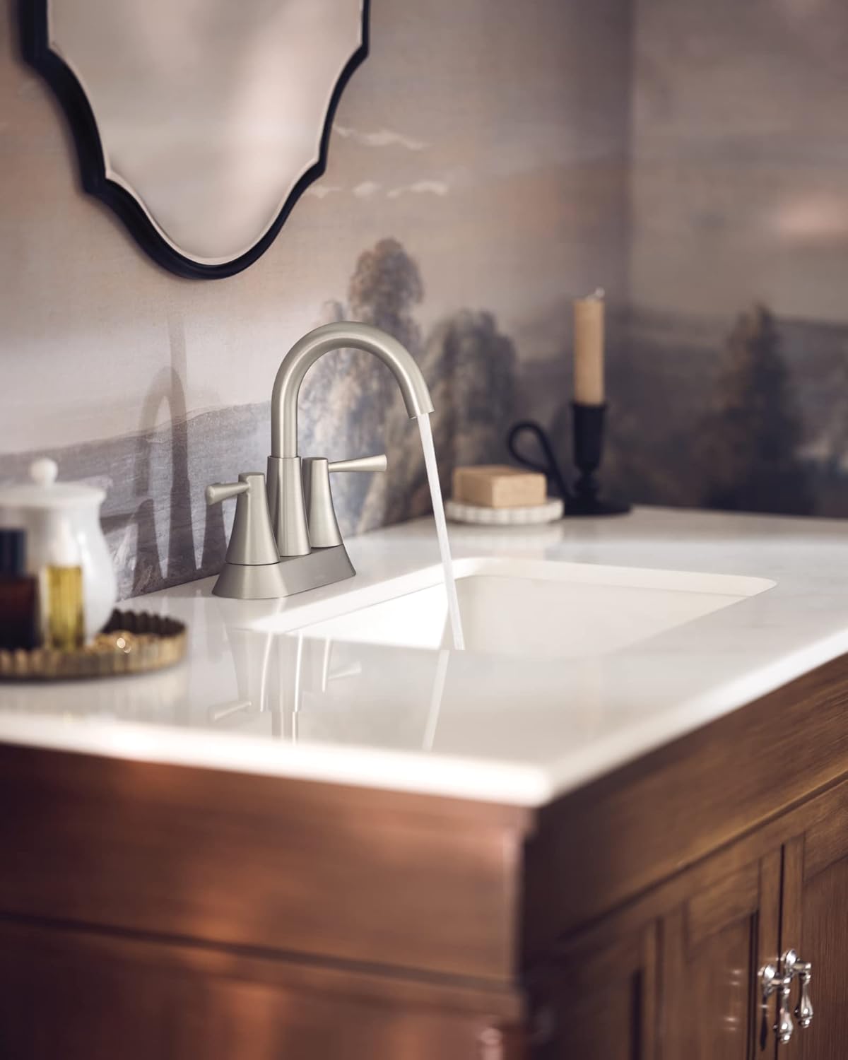 Moen Ronan Spot Resist Brushed Nickel Two-Handle 4" Centerset Modern Bathroom Faucet with Push-Down Drain, 84022SRN