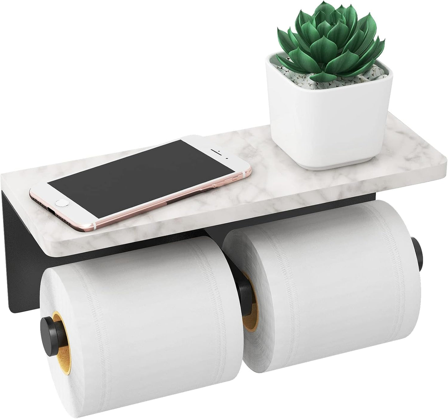Brushed Nickel Toilet Paper Holder with Natural Marble Shelf, Screw Wall Mounted, Tissue Roll Holder for Bathroom Washroom