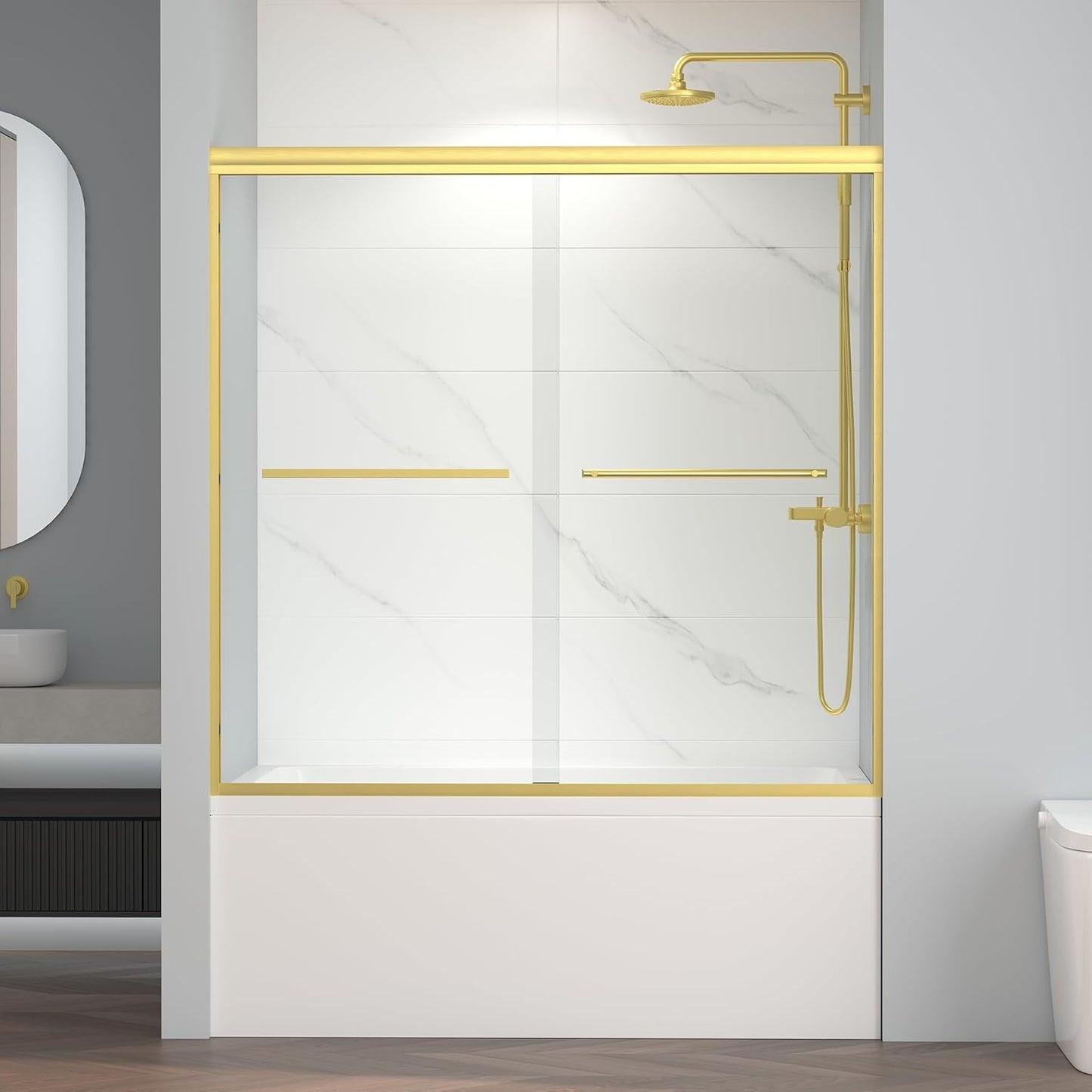 60" W x 58" H Semi-Frameless Bypass Sliding Bathtub Shower Door, Easy-to-Clean Treated Clear Tempered Glass, Matte Black