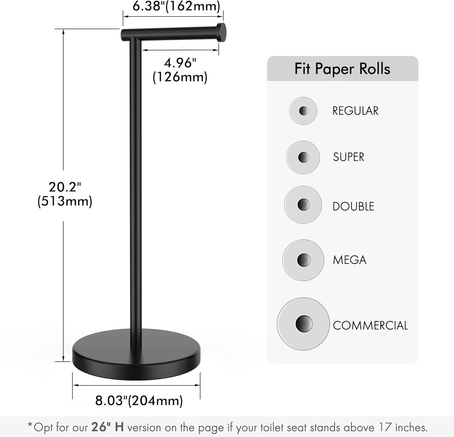 KES Bathroom Toilet Paper Holder Stand Modern Tissue Roll Holder SUS304 Stainless Steel Rustproof Freestanding 20.2" H, Matte Black BPH283S1-BK