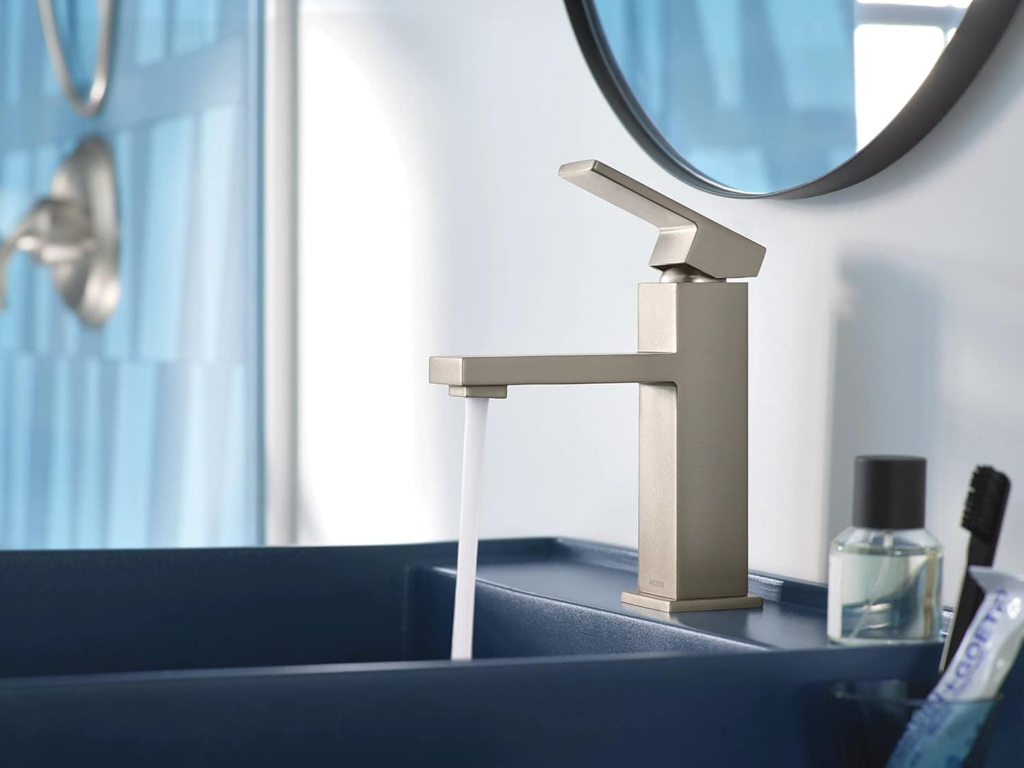 Moen Revyl Spot Resist Nickel One-Handle Single Hole Modern Bathroom Sink Faucet with Optional Deckplate and Spring Loaded Drain Assembly, 84771SRN