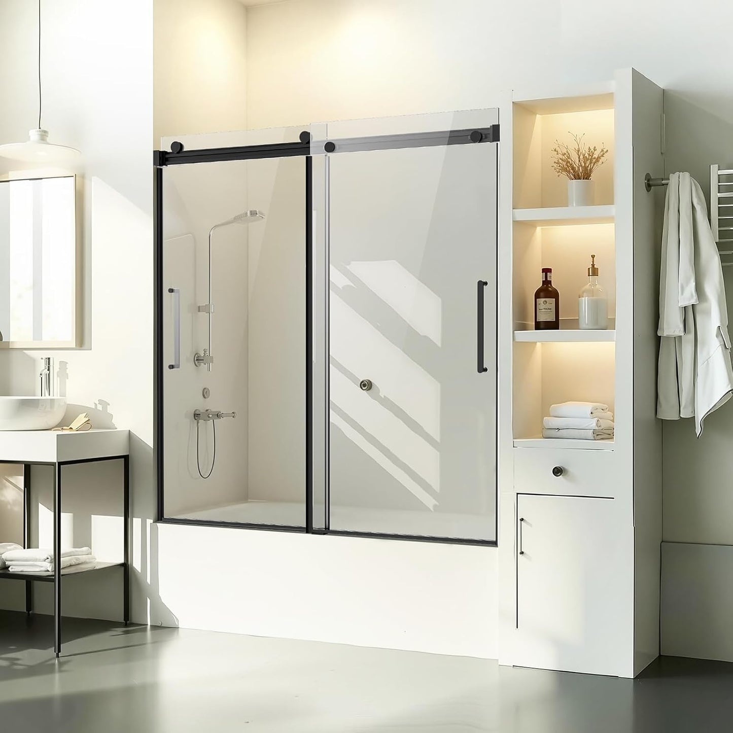 VEVOR Bathtub Shower Door, 50-60" W x 60" H, Semi-Frameless Double Sliding Tub Door, Semi-Frameless Bypass Tub Door with 1/4 in Shatterproof Tempered Glass and Stainless Steel Handle, Black