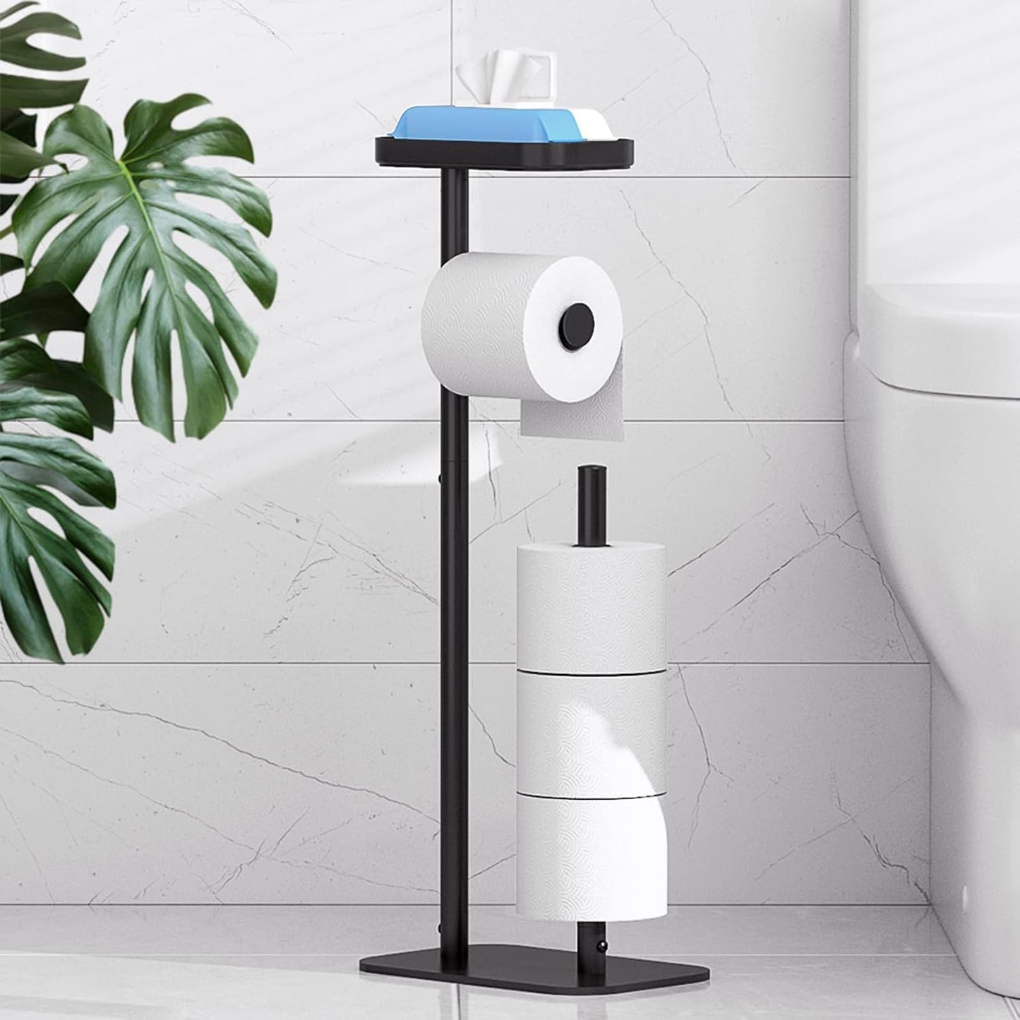 Kitsure Toilet Paper Holder Free Standing – Rustproof Metal Toilet Paper Stand for 4 Rolls with Anti-Slip Base and Shelf for Phone & Small Items, Bathroom Organizers and Storage, Large, Silver