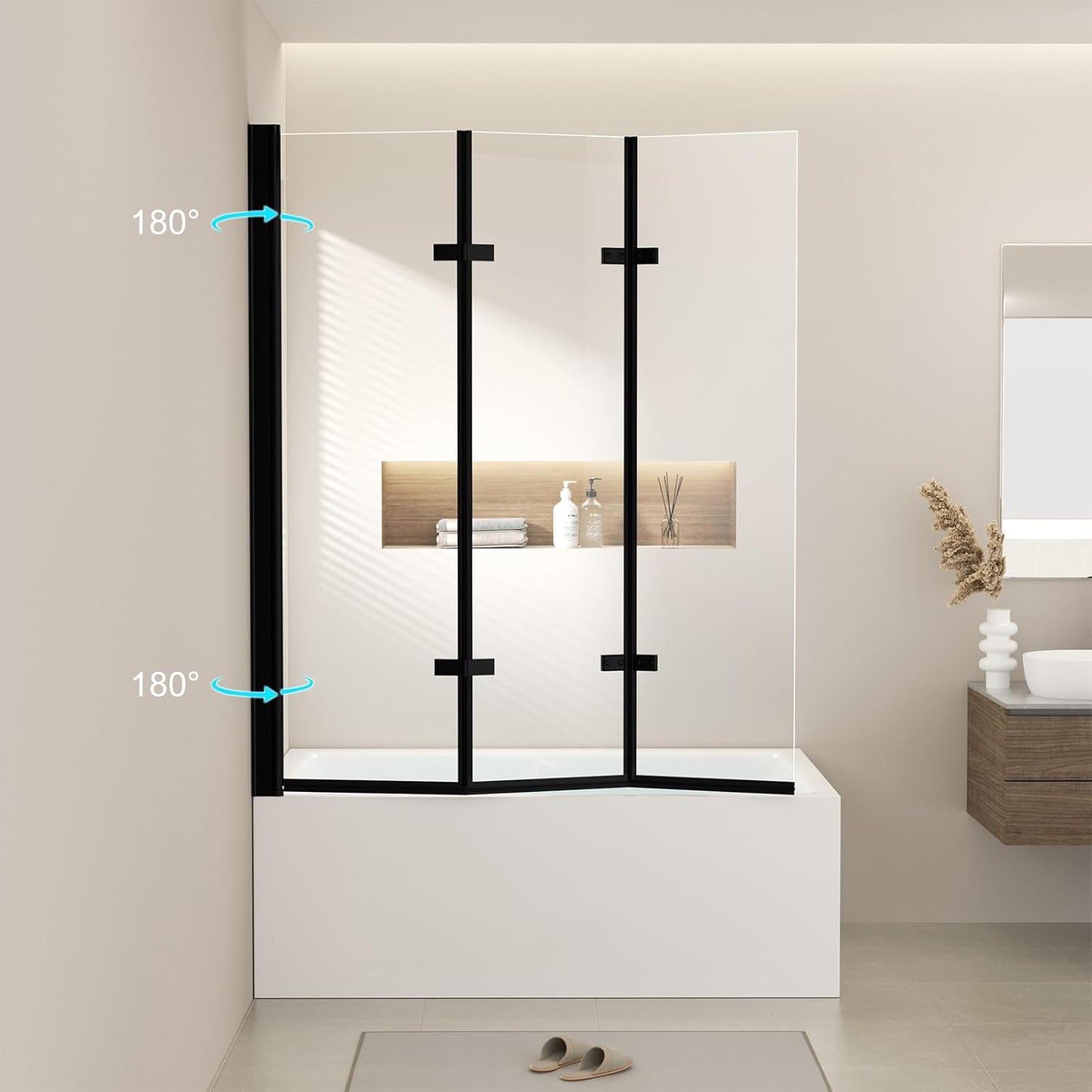 47" W x 55" H Tub Shower Door,Foldable Bathtub Glass Door,Frameless Hinged Shower Screen with Tempered Glass Panel,Matte Black