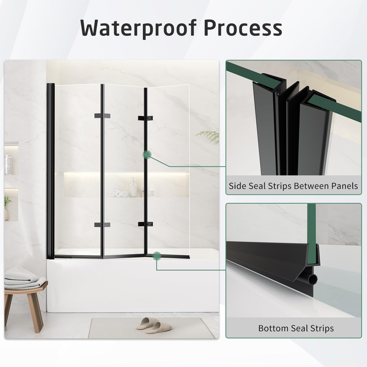 Foldable Tub Shower Door, 47" W x 55" H Frameless Hinged Shower Screen for Bathtub, 1/5" Tempered Glass Door for Shower, 180° Pivot Swing Tri-fold Glass Panel for Bathtub, Matte Black