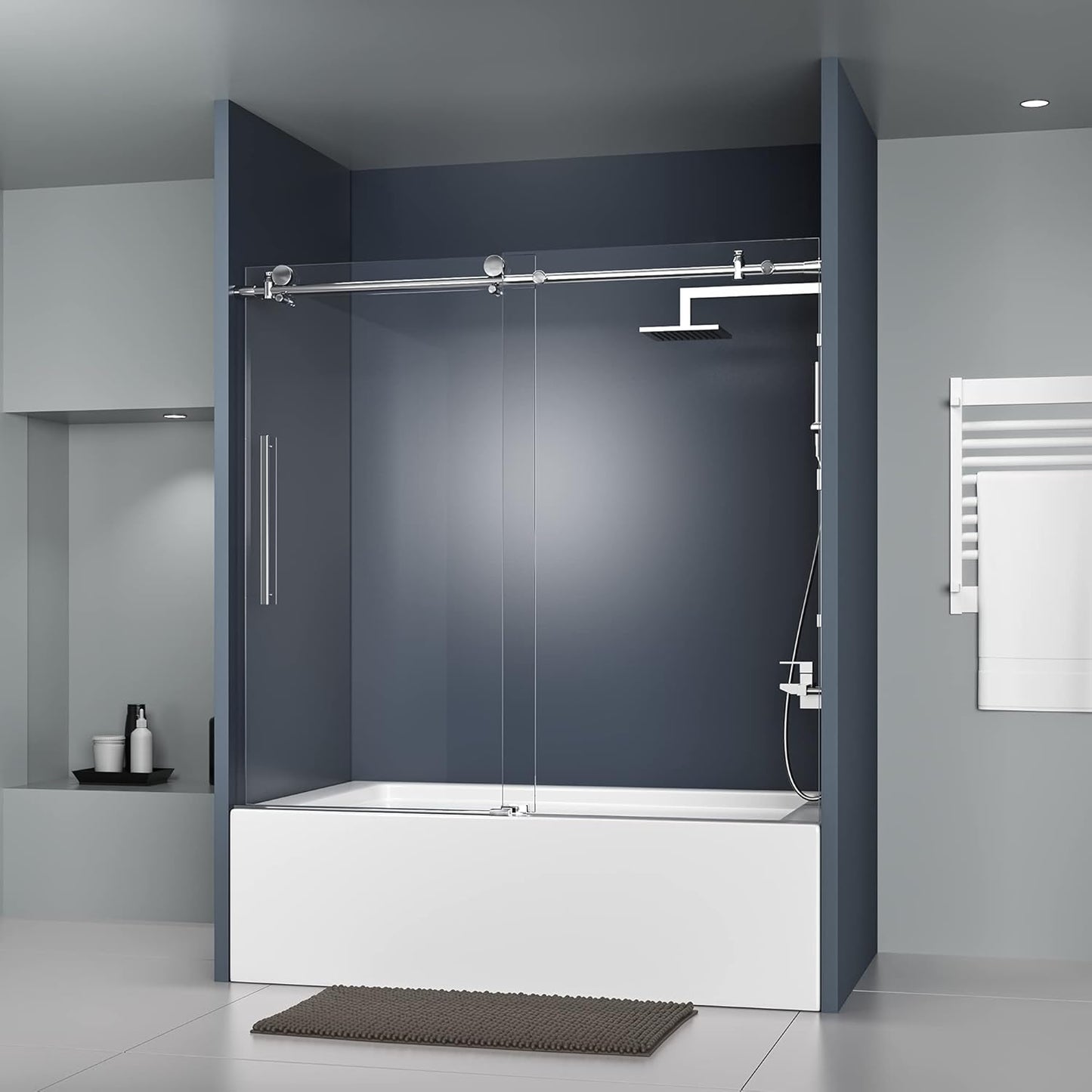 DELAVIN 56-60" W x 59" H Frameless Sliding Bathtub Door, Tub Shower Door, Bathtub Glass Door, Bathtub Shower Door, 5/16" (8mm) Certified Clear Tempered Glass, Stainless Steel Frame, Matte Black