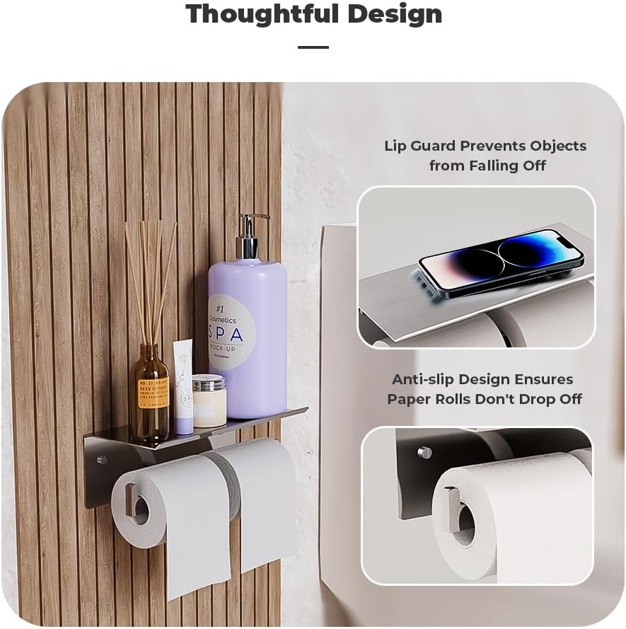 Double Toilet Paper Holder with Shelf, FreshGlow Large Tissue Holder Brushed Nickel, Wall Mount Commercial Toilet Paper Dispenser Phone Shelf Stainless Steel, Tissue Roll for Bathroom