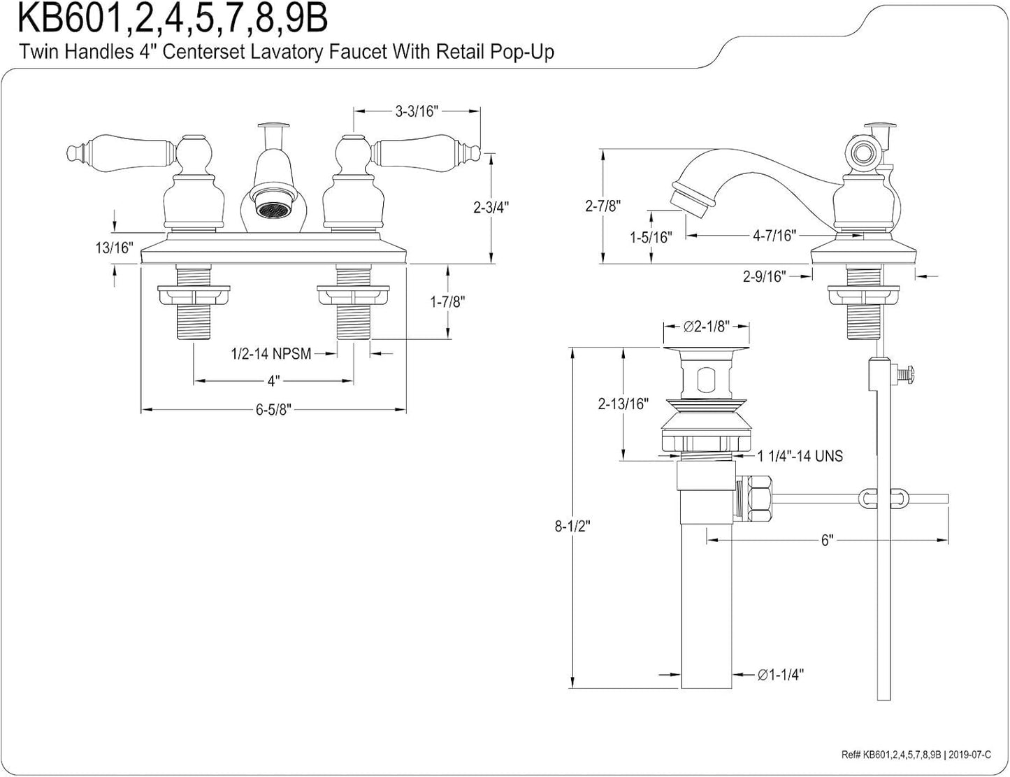 Kingston Brass KB601B 4-Inch Centerset Lavatory Faucet, 2.88" x 4.05" x 6.88", Polished Chrome