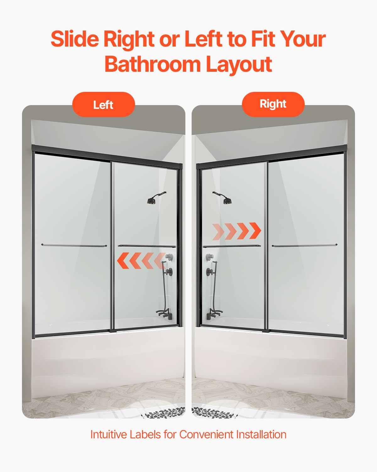 VEVOR Bathtub Shower Door, 50-60" W x 60" H, Semi-Frameless Double Sliding Tub Door, Semi-Frameless Bypass Tub Door with 1/4 in Shatterproof Tempered Glass and Stainless Steel Handle, Black