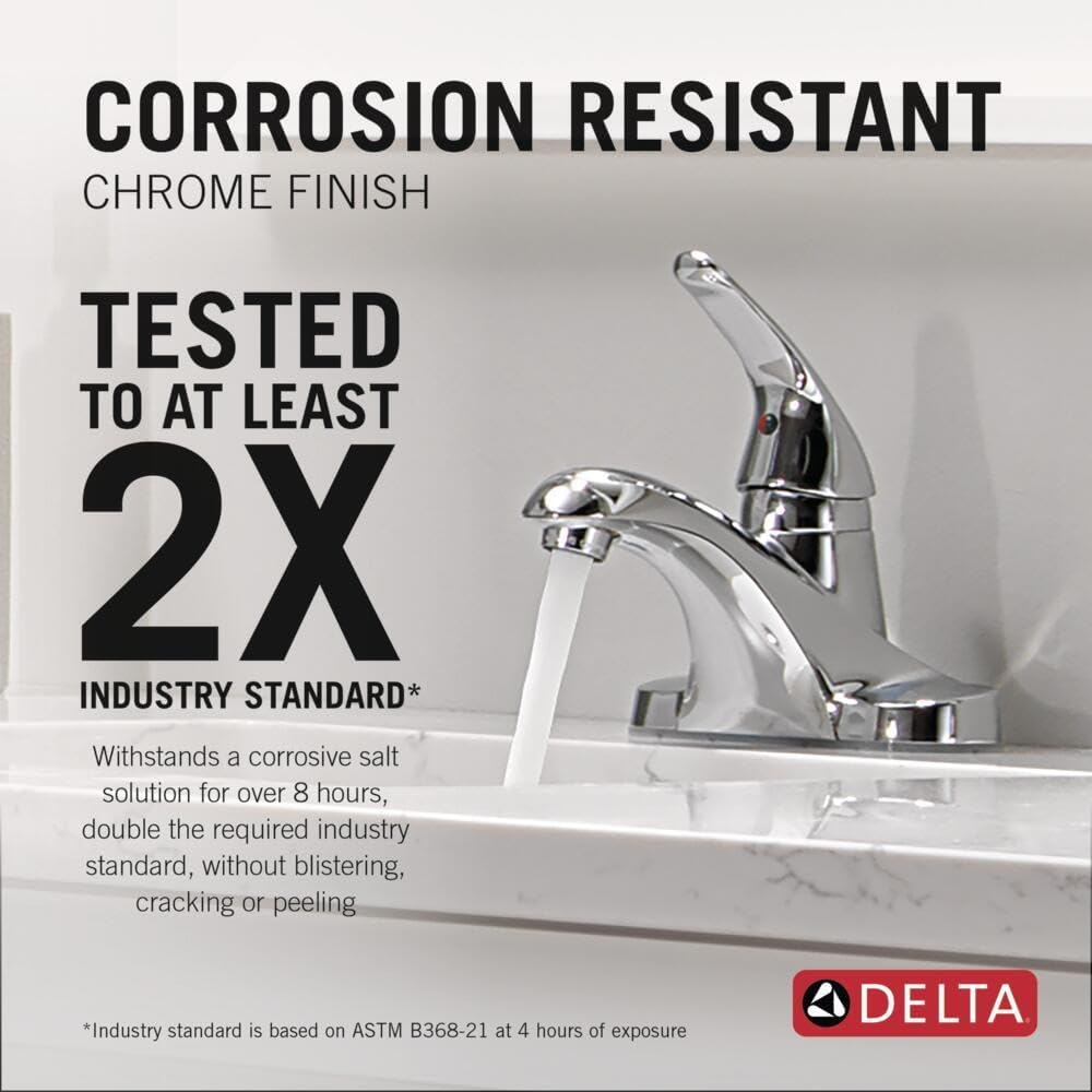 Delta Foundations Centerset Chrome Bathroom Faucet, 4 Inch 3 Hole Bathroom Sink Faucet for Vanity, Metal Push-Pop Drain Assembly, Chrome B501LF