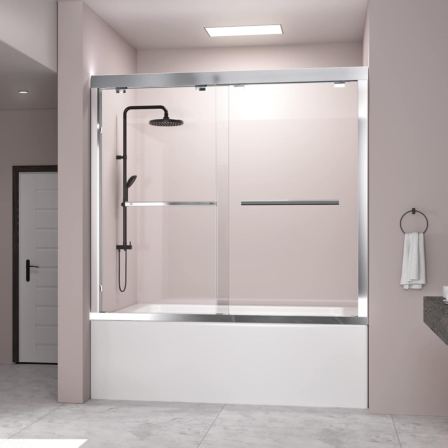 DELAVIN 56-60" W x 59" H Frameless Sliding Bathtub Door, Tub Shower Door, Bathtub Glass Door, Bathtub Shower Door, 5/16" (8mm) Certified Clear Tempered Glass, Stainless Steel Frame, Matte Black