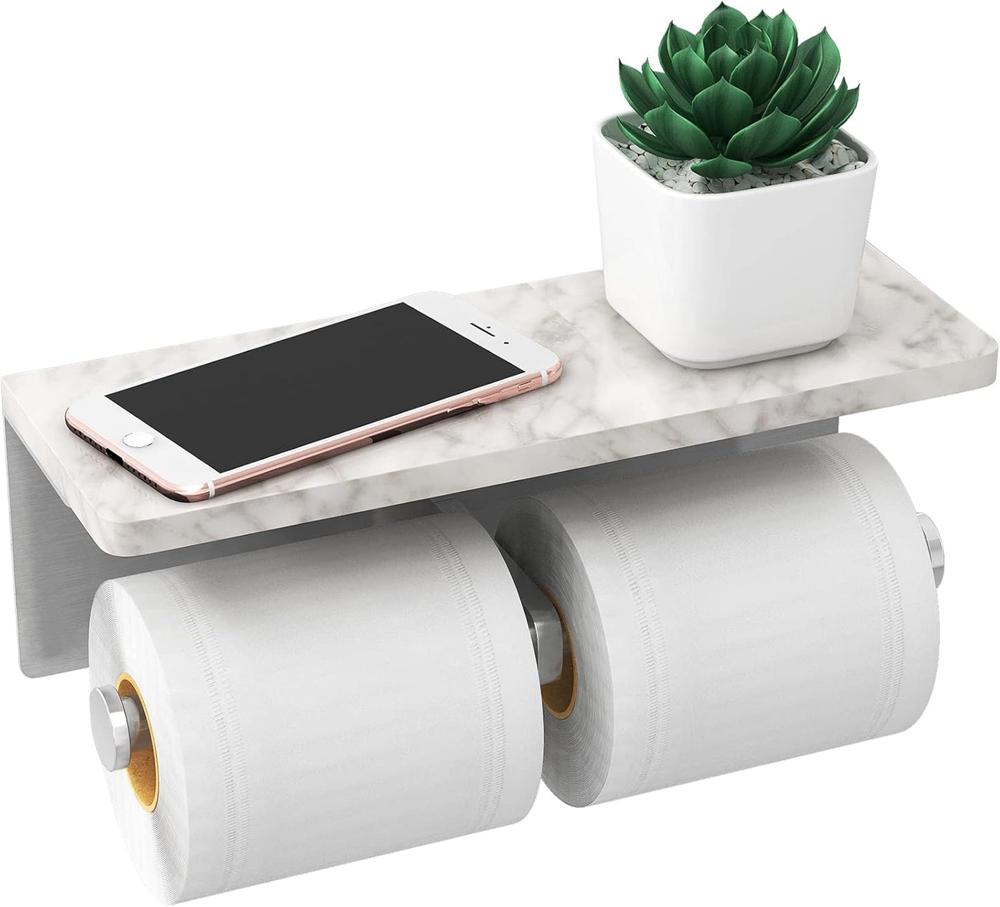 Brushed Nickel Toilet Paper Holder with Natural Marble Shelf, Screw Wall Mounted, Tissue Roll Holder for Bathroom Washroom