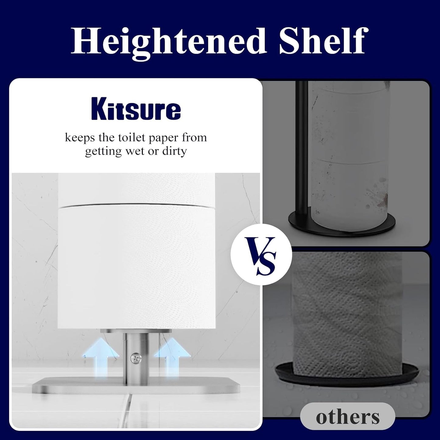 Kitsure Toilet Paper Holder Free Standing – Rustproof Metal Toilet Paper Stand for 4 Rolls with Anti-Slip Base and Shelf for Phone & Small Items, Bathroom Organizers and Storage, Large, Silver