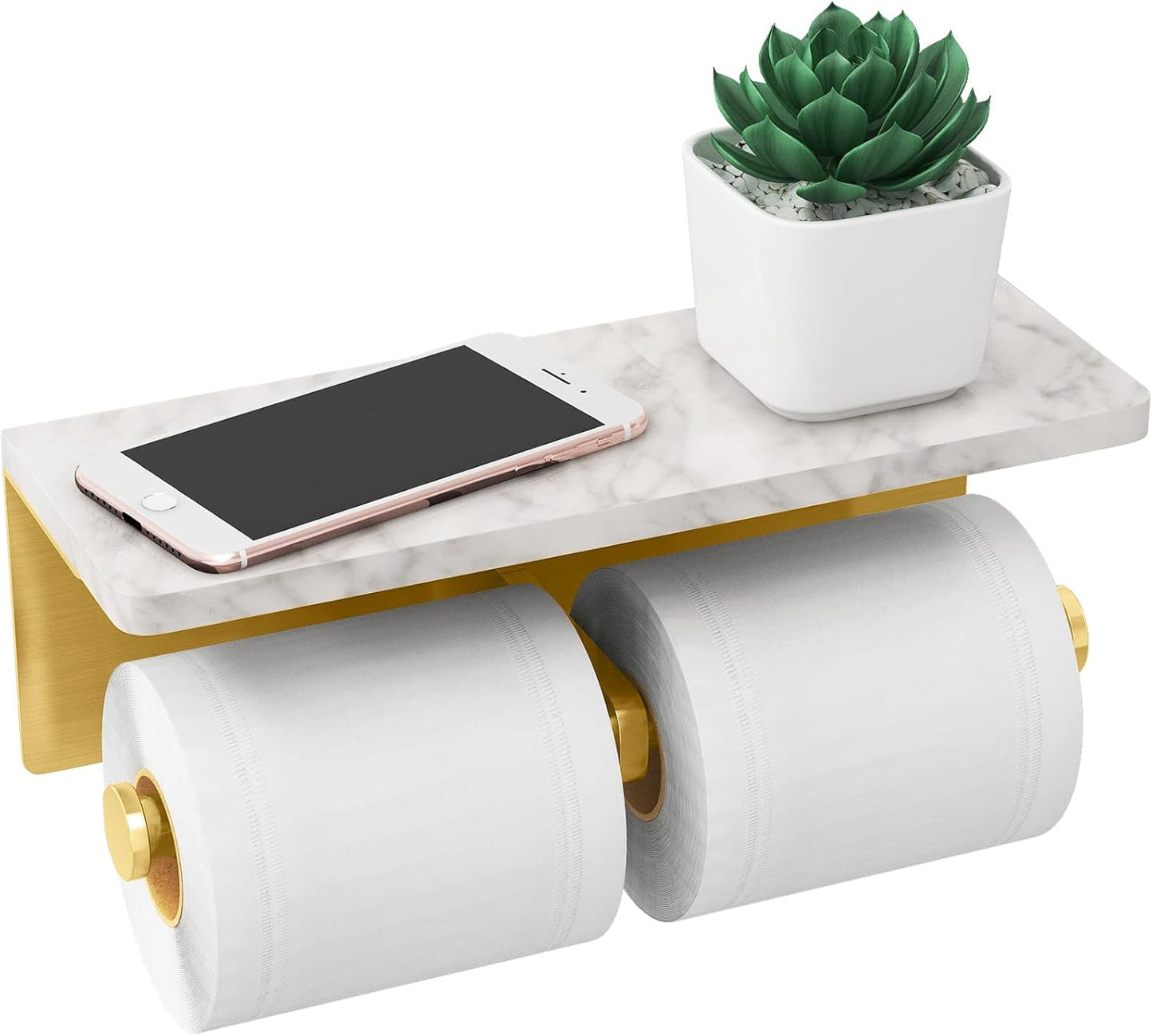 Brushed Nickel Toilet Paper Holder with Natural Marble Shelf, Screw Wall Mounted, Tissue Roll Holder for Bathroom Washroom