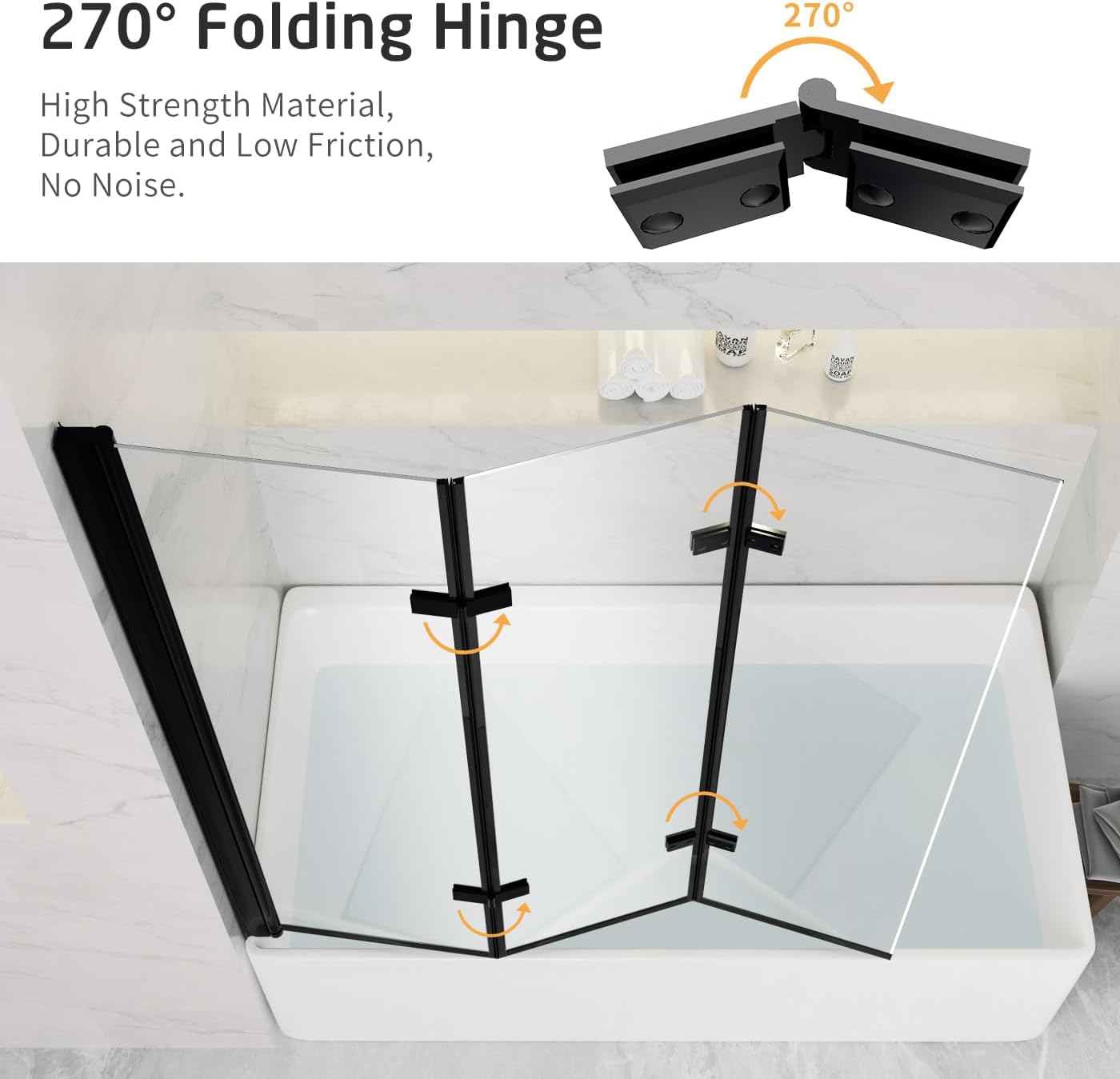 Foldable Tub Shower Door, 47" W x 55" H Frameless Hinged Shower Screen for Bathtub, 1/5" Tempered Glass Door for Shower, 180° Pivot Swing Tri-fold Glass Panel for Bathtub, Matte Black