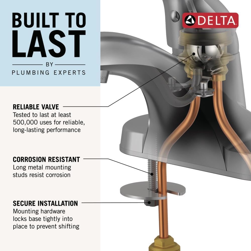 Delta Foundations Centerset Chrome Bathroom Faucet, 4 Inch 3 Hole Bathroom Sink Faucet for Vanity, Metal Push-Pop Drain Assembly, Chrome B501LF