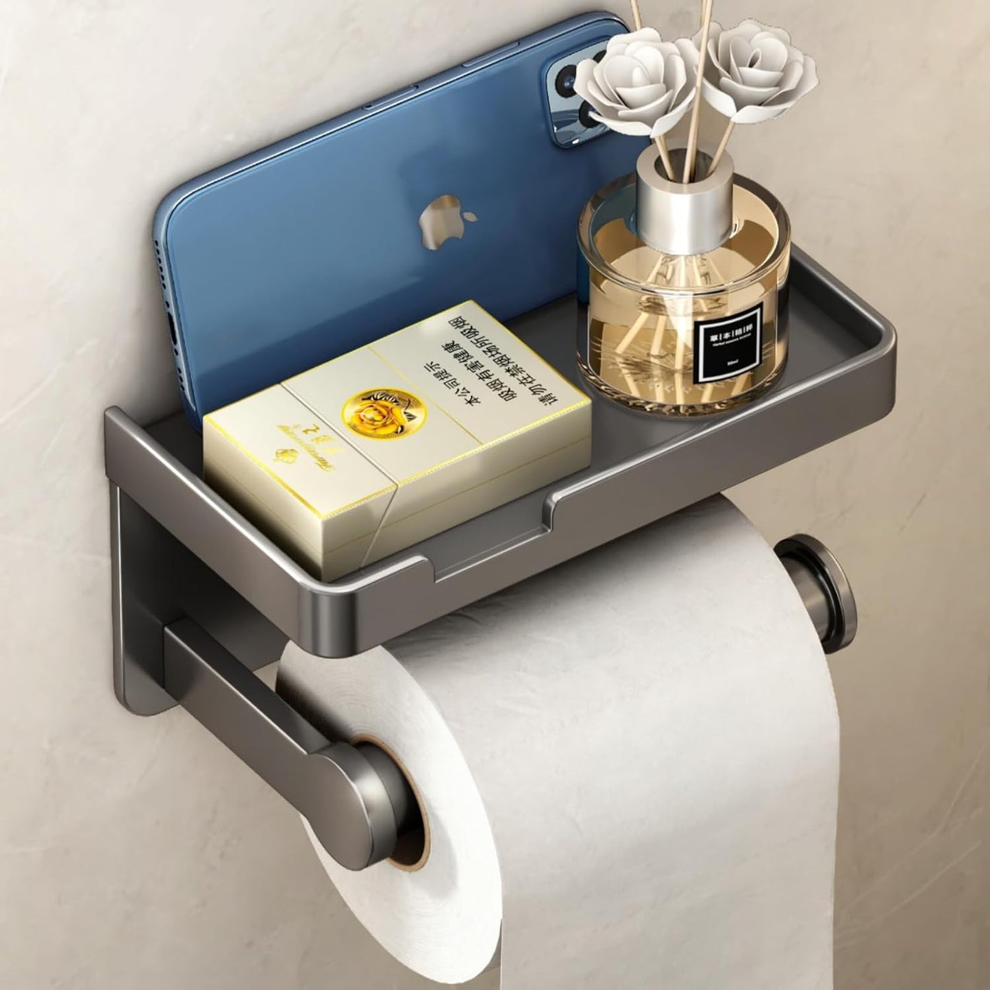 VOLDRA Toilet Paper Holder with Shelf Black Wipes Dispenser for Bathroom Stainless Steel Toilet Paper Holder with Storage Drawer Adhesive Wall Mount Small Bathroom Shelf
