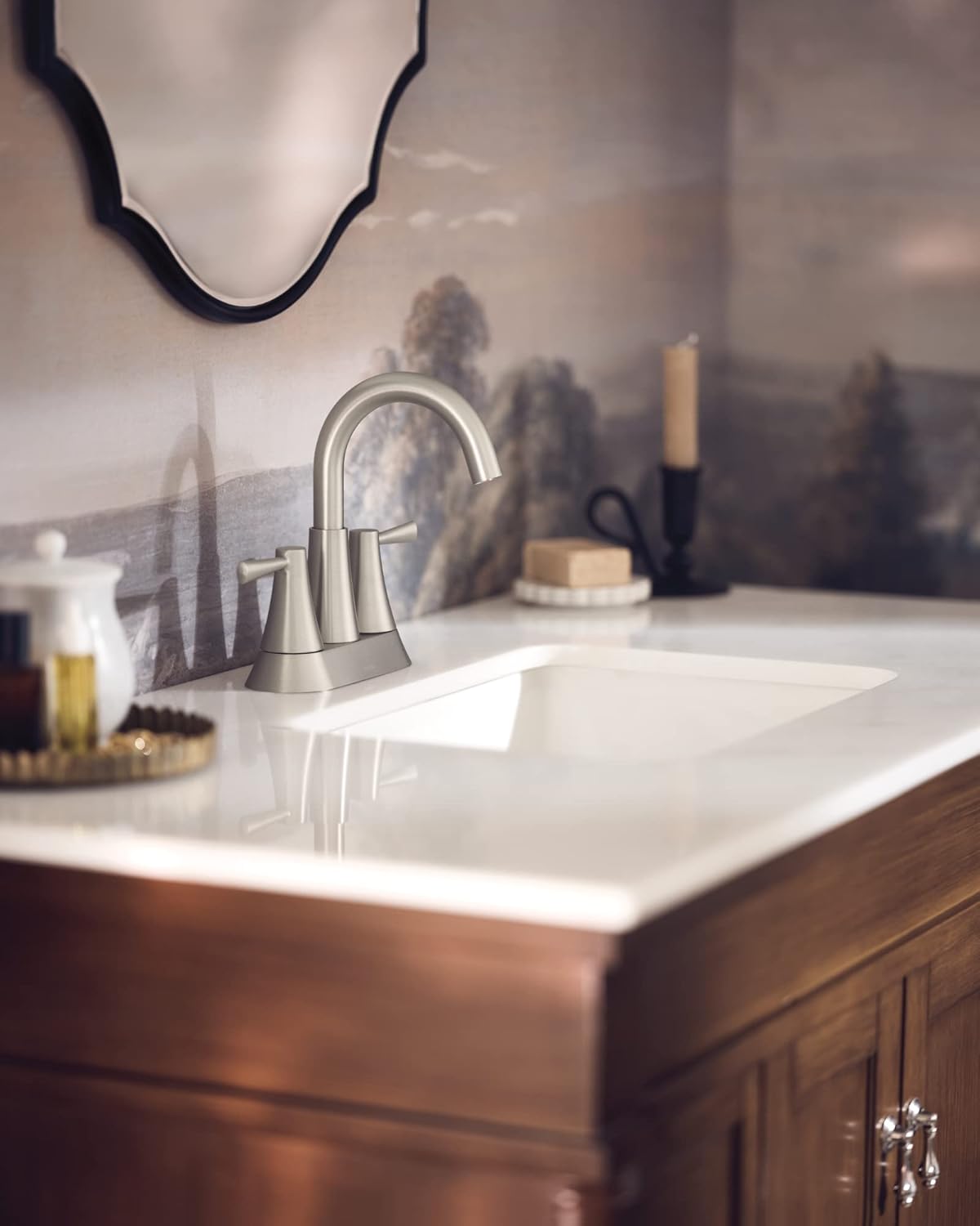 Moen Ronan Spot Resist Brushed Nickel Two-Handle 4" Centerset Modern Bathroom Faucet with Push-Down Drain, 84022SRN