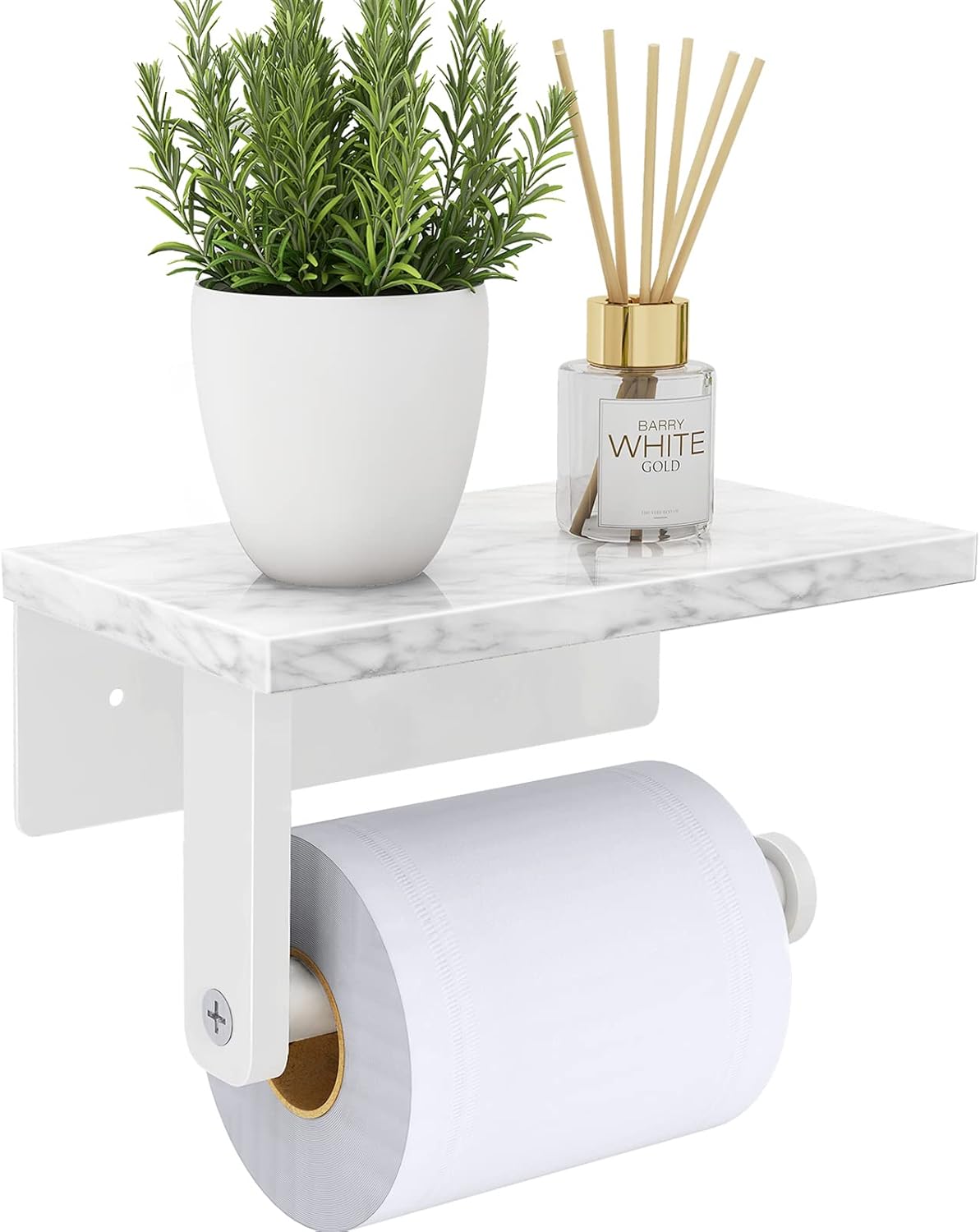 Brushed Nickel Toilet Paper Holder with Natural Marble Shelf, Screw Wall Mounted, Tissue Roll Holder for Bathroom Washroom