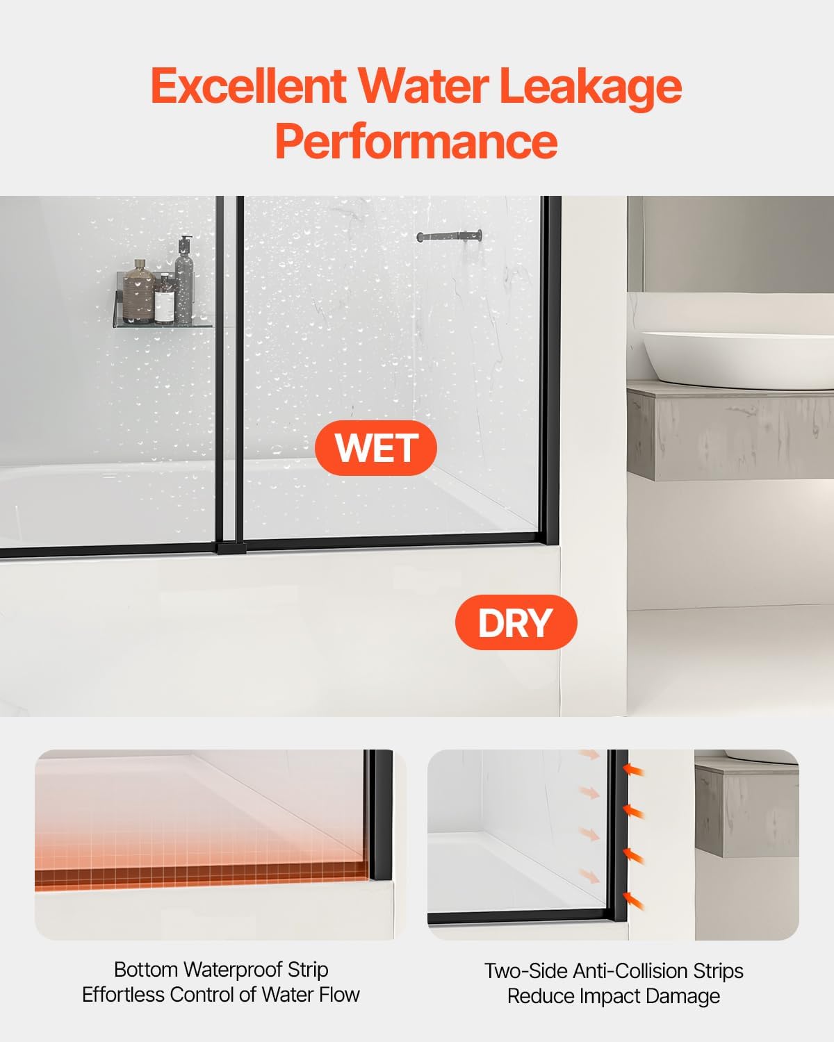 VEVOR Bathtub Shower Door, 50-60" W x 60" H, Semi-Frameless Double Sliding Tub Door, Semi-Frameless Bypass Tub Door with 1/4 in Shatterproof Tempered Glass and Stainless Steel Handle, Black