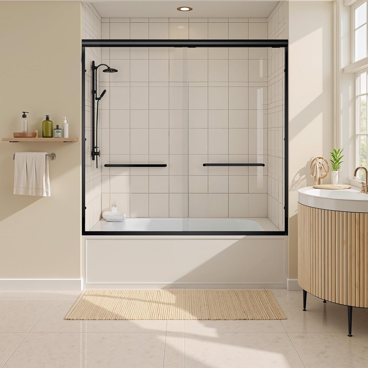 Shower Door Bathtub Sliding 56-60" W x 58" H, Shower Doors for Walk in Shower, Water Repellent Bathroom Shower Glass Bathtub Door, ABS Anti-Collision Rubber, Matte Black (1/4")