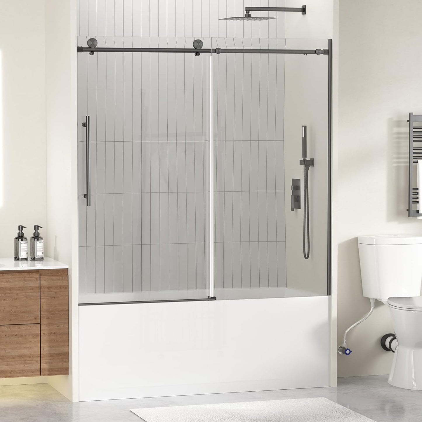 Frameless Bathtub Shower Doors 56-60" Width x 59" Height with 5/16" (8mm) Clear Tempered Glass,Silent Soft-Close Design,Brushed Nickel