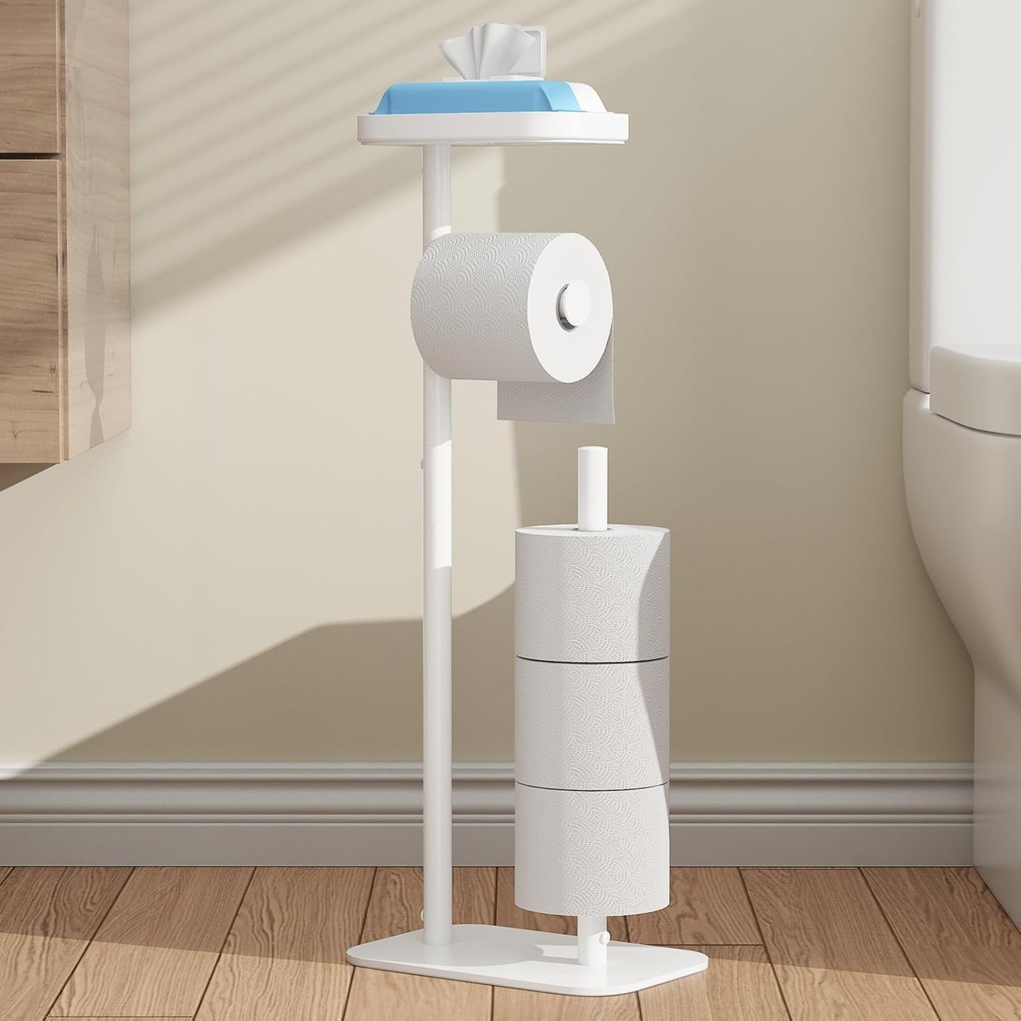 Kitsure Toilet Paper Holder Free Standing – Rustproof Metal Toilet Paper Stand for 4 Rolls with Anti-Slip Base and Shelf for Phone & Small Items, Bathroom Organizers and Storage, Large, Silver