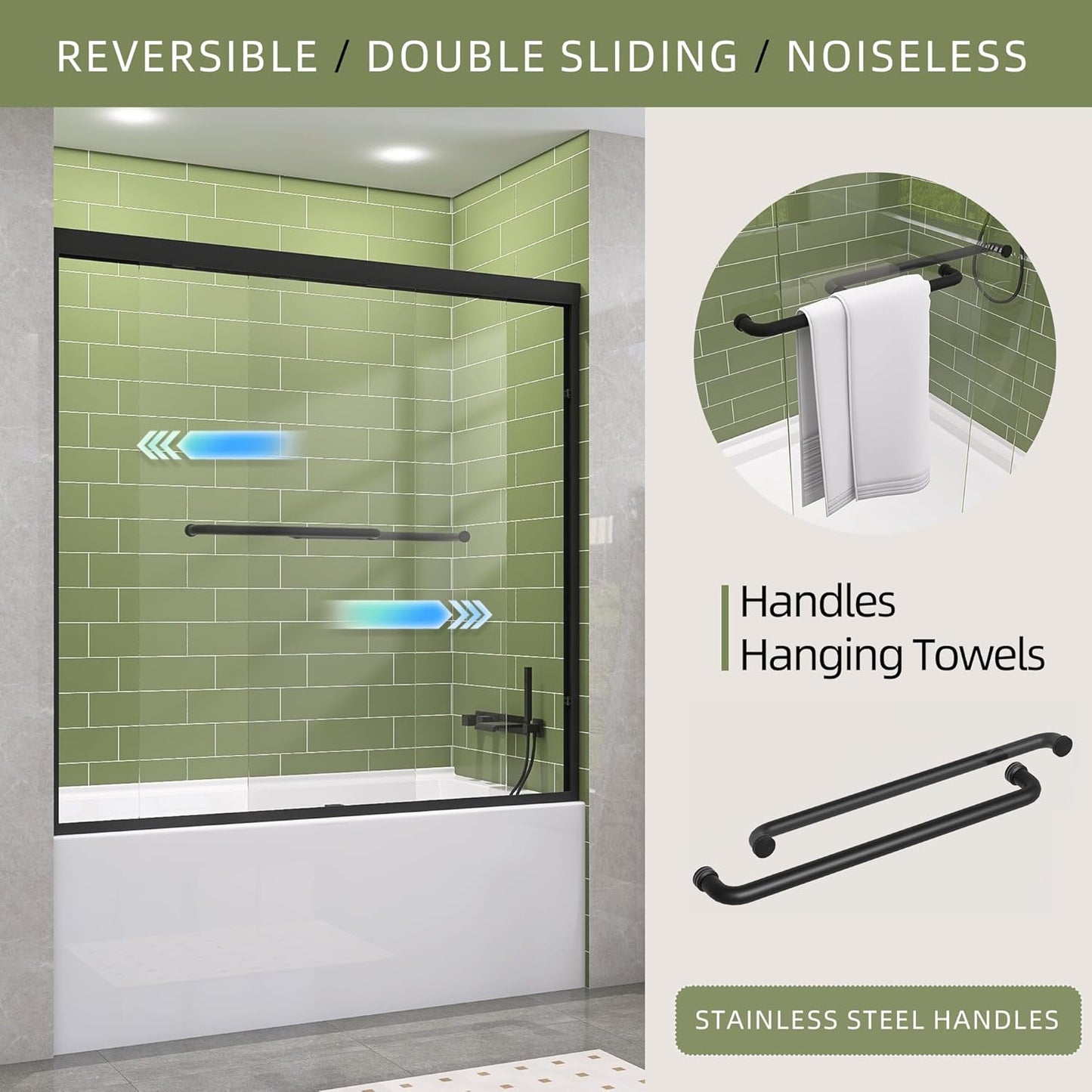 GETPRO Tub Shower Door Sliding 57-60 in. W x 58 in. H Semi-Frameless Bypass Double Sliding Bathroom Glass Tub Door,1/4 inch Clear Tempered Glass Bathtub Door Matte Black