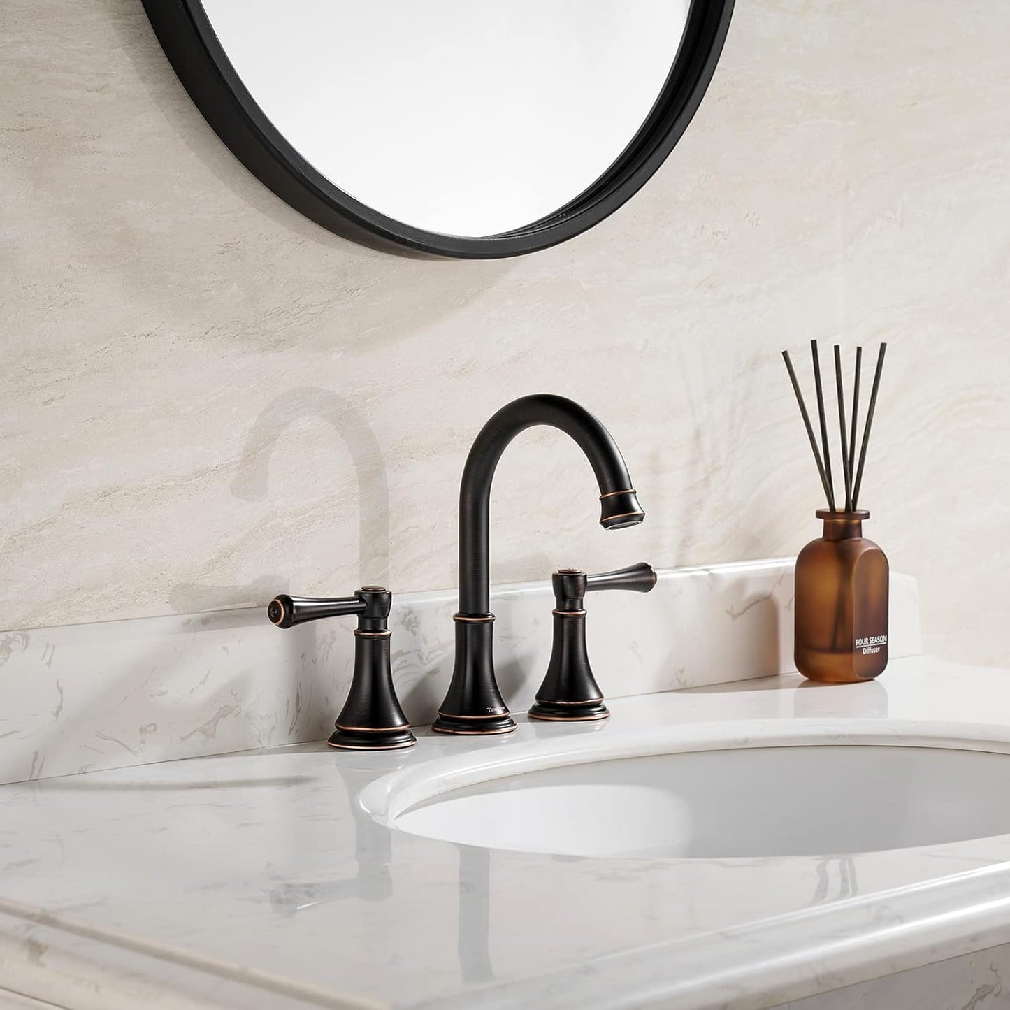 Oil Rubbed Bronze 8 inch Widespread Bathroom Sink Faucet 3 Holes with Pop-Up Drain, 2 Handle Modern Bathroom/Vanity/Lavatory Faucet with Brass 360° Swivel Spout, TAF830Y-ORB