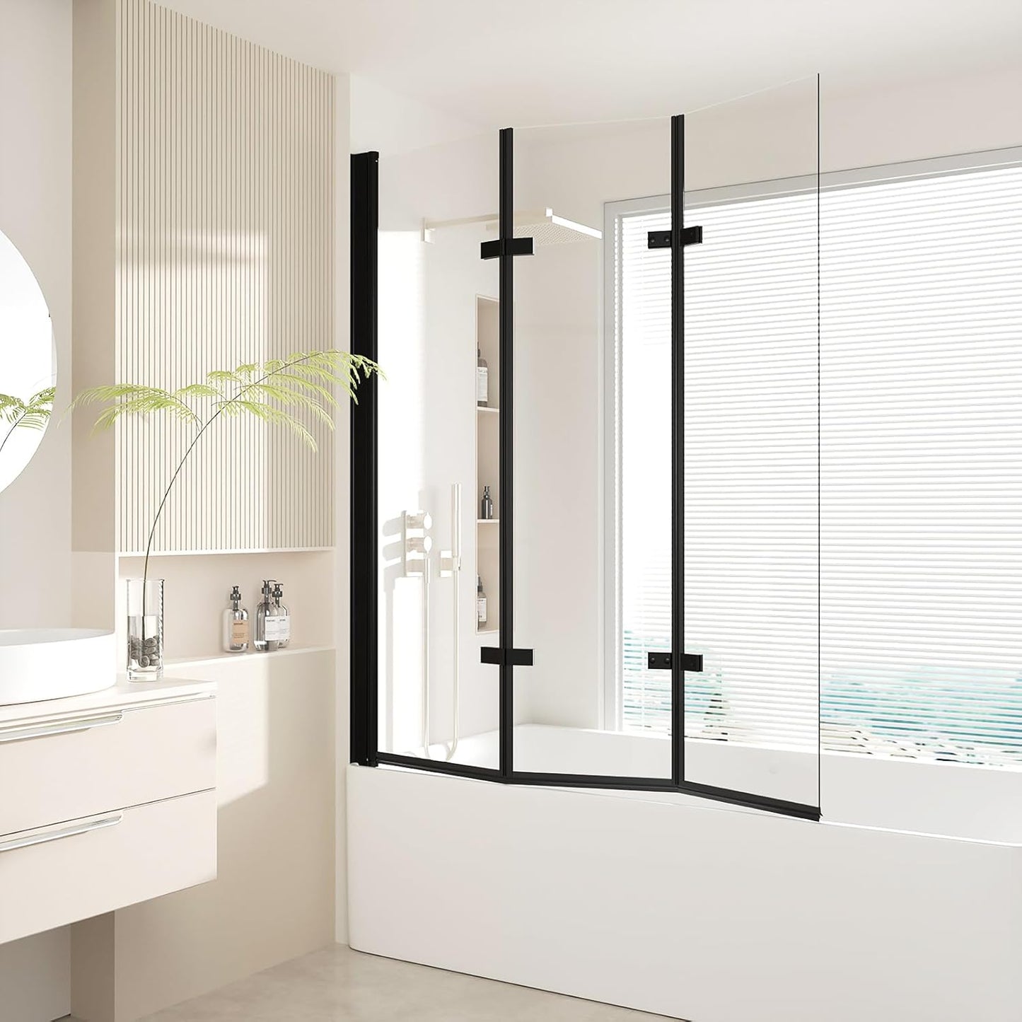 47" W x 55" H Tub Shower Door,Foldable Bathtub Glass Door,Frameless Hinged Shower Screen with Tempered Glass Panel,Matte Black
