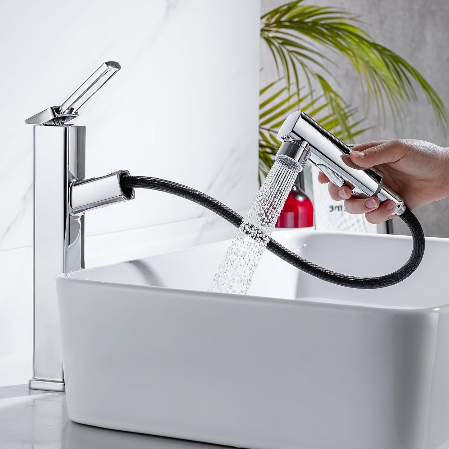 HANLIAN Single Hole Pull Out Faucet for Bathroom Sink, Black Sink Faucet Bathroom, One Handle Modern Restroom Tap with Pull Down Sprayer, 3 Modes Washroom Pull Out Tap with Rotating Spout
