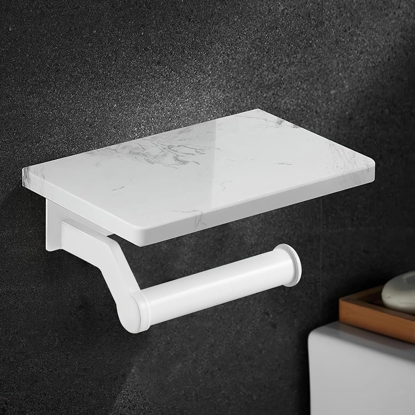 Hoimpro Brushed Gold Aluminum Toilet Paper Holder with White Natural Marble Shelf, Wall Mounted Tissue Hand Paper Roll Storage Holder for Bathroom Kitchen Washroom Bedroom
