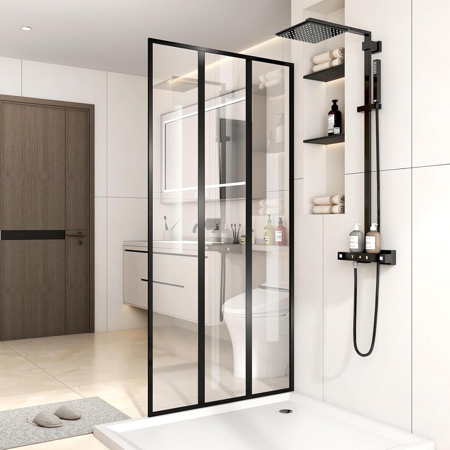 Foldable Tub Shower Door, 47" W x 55" H Frameless Hinged Shower Screen for Bathtub, 1/5" Tempered Glass Door for Shower, 180° Pivot Swing Tri-fold Glass Panel for Bathtub, Matte Black
